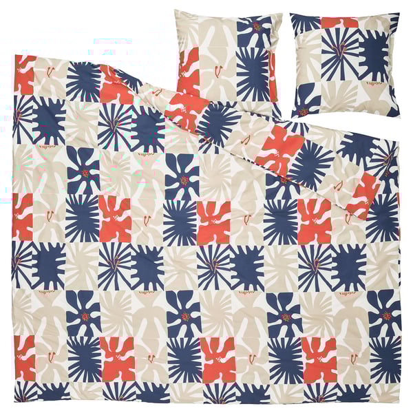 Couette fleurie, bleu, orange, beige, polyester-viscose lisse