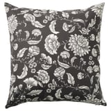 Coussin IDALINNEA, noir avec motif floral blanc, forme carrée, matière en coton.