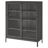 Une armoire en métal gris foncé avec des portes coulissantes en verre, idéale pour ranger et exposer des objets tout en éloignant la poussière.