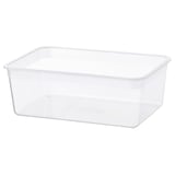 Récipient en plastique transparent IKEA 365+ pour la conservation des aliments, forme carrée, design transparent.