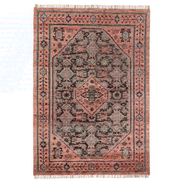 Un tapis isgras rectangulaire, pêche aux motifs verts, fait à la main en laine et coton. Des designs traditionnels complexes.