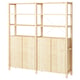 Option : Étagère en bois IVAR, finition naturelle, forme rectangulaire, quatre pieds hauts, étagères réglables, deux sections d’armoires, design épuré.