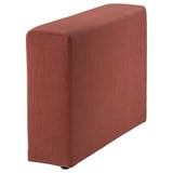 Ottoman rectangulaire en velours côtelé rouge, texture douce et profonde, design moderne.