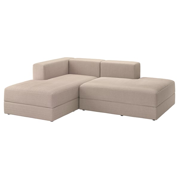 Canapé sectionnel moderne JÄTTEBO, beige avec tissu en velours côtelé rayé. Confortable, modulable avec rangement et support réglable.