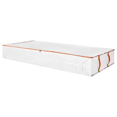Un sac de rangement pour matelas rectangulaire, blanc et orange avec des fermetures éclair pour un accès et une fermeture faciles.
