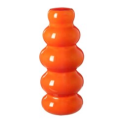 Vase en verre incurvé orange vif avec de multiples renflements, debout.