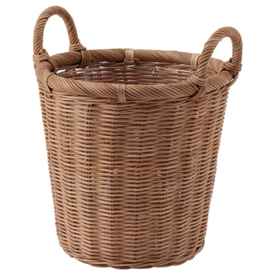 Un KAKTUSFIKON, un grand panier à plantes en rotin tressé brun clair avec des poignées. Il a une forme cylindrique et un design naturel et rustique.