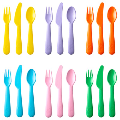 Couverts colorés pour enfants KALAS en jaune, violet, orange, bleu, rose, vert ; Fourchette en plastique, couteau, cuillère avec poignées ergonomiques.