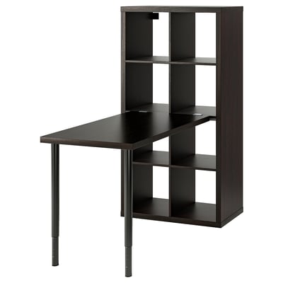KALLAX : bureau peu encombrant, marron foncé, étagères cubiques, pieds réglables, design multifonctionnel.
