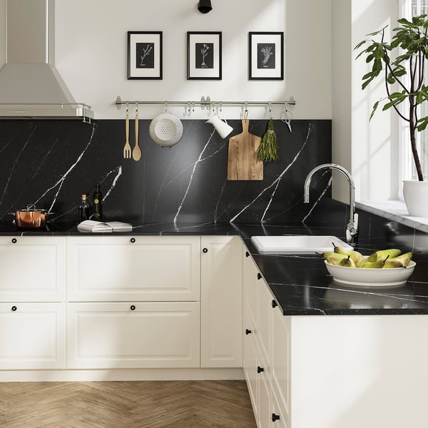 KASKER Plan de travail sur mesure, noir effet marbre blanc/quartz, 1 m²x2.0 cm