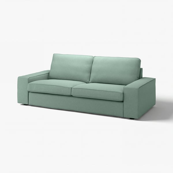 Imaginez un canapé KIVIK vert clair. Design moderne, forme rectangulaire, rembourré dans un matériau durable et doux en chenille.