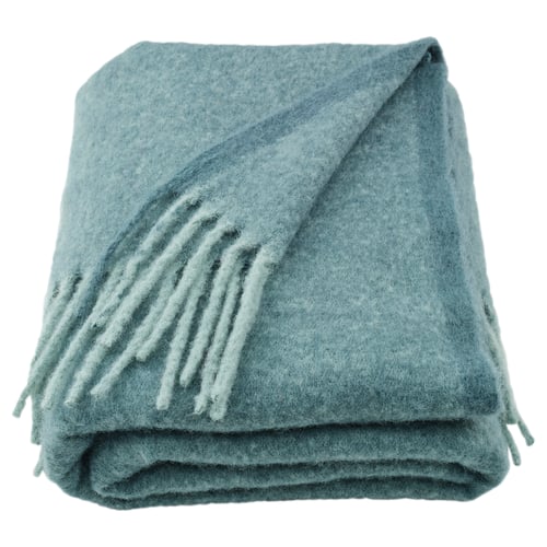 KLIPPOXEL - plaid gris-turquoise, doux, moelleux, polyester recyclé, léger, forme rectangulaire, bords frangés.