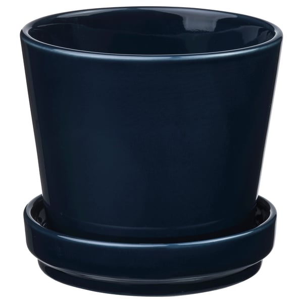 Jardinière en céramique bleu foncé avec soucoupe, cylindrique, simple, intérieure/extérieure.