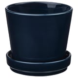 Jardinière en céramique bleu foncé avec soucoupe, cylindrique, simple, intérieure/extérieure.