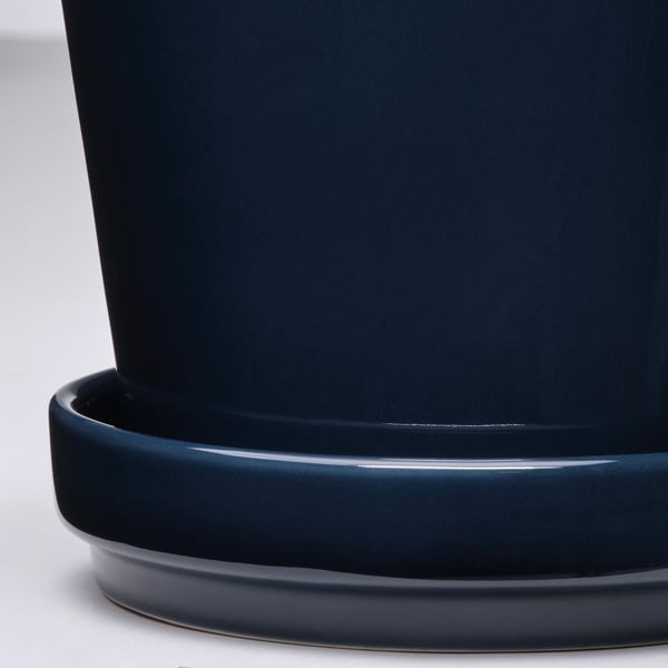 Vase bleu foncé avec soucoupe, lisse, durable, trous de drainage.
