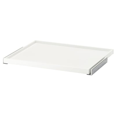 Plateau coulissant KOMPLEMENT blanc, rectangulaire, design épuré, bords métalliques, idéal pour le rangement de l’armoire.