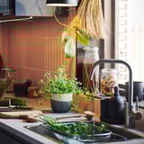 Évier de cuisine avec des herbes et des bocaux. Légumes verts frais sur le comptoir, bocaux KORKEN utilisés pour le stockage et le service.