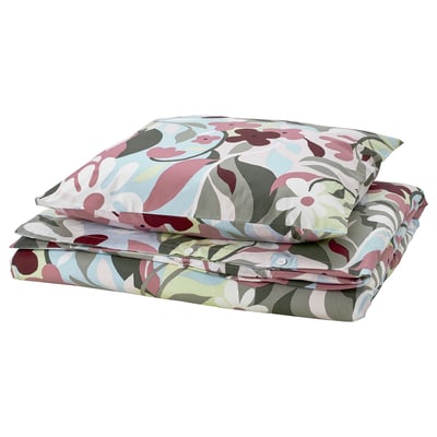 Parure de lit pliée, KORSKOVALL, avec imprimé floral coloré, mélange doux de coton et de viscose, forme rectangulaire.