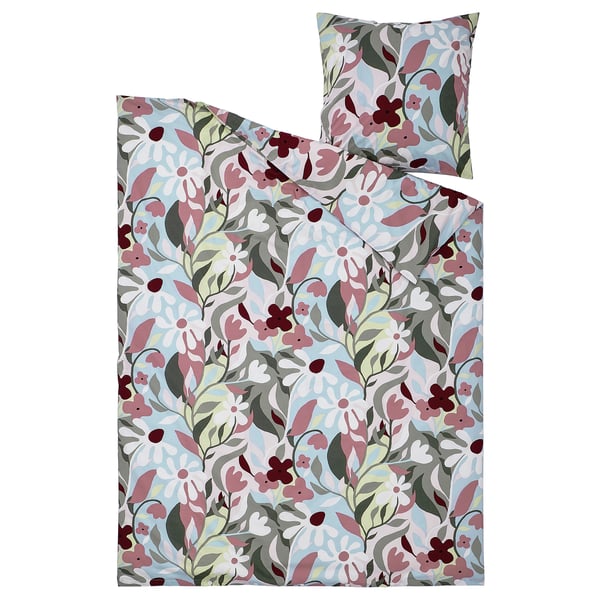 L’ensemble de couette KORSKOVALL, doté d’un motif floral vibrant dans des tons pastel, composé à 80 % de coton et à 20 % de viscose pour un toucher soyeux.