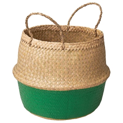 Panier tressé à la main KRALLIG, dessus naturel, base verte, rond, avec poignées.
