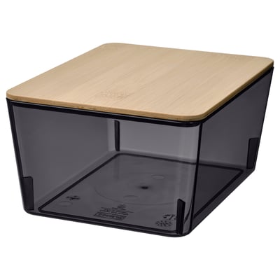 Boîte KUGGIS : carrée, en plastique transparent avec couvercle, dessus en bois clair ; Convient aux petits objets.