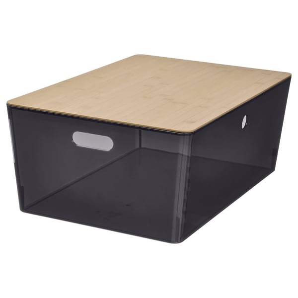 Boîte de rangement KUGGIS, grise, rectangulaire, en plastique durable avec couvercle en bois.