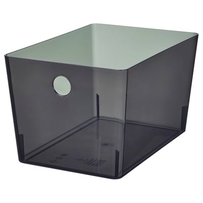 Une boîte de rangement KUGGIS gris foncé, en plastique recyclé, avec une poignée ronde et un design épuré.