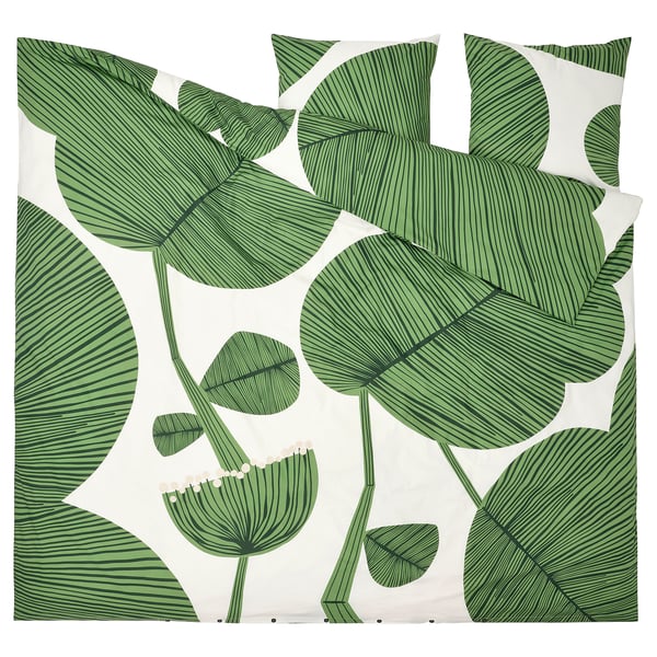 Parure de couette KUNGSCISSE, feuilles vertes sur blanc, coton impeccable.