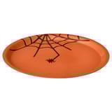 Plateau rond orange avec bords inclinés, avec un motif de toile d’araignée noire, en stratifié mélaminé haute pression.