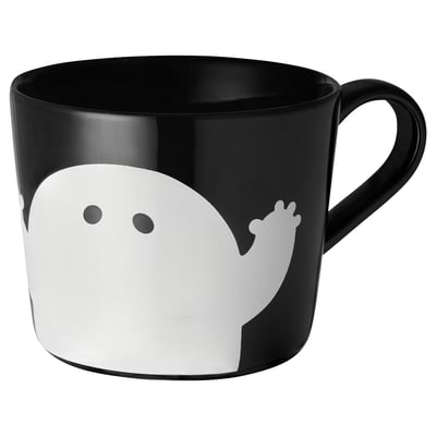 Mug noir avec un motif fantôme blanc, en porcelaine émaillée. Parfait pour les boissons sur le thème ludique d’Halloween.