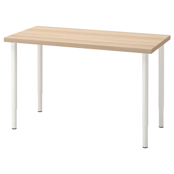 LAGKAPTEN : bureau moderne en bois brun clair avec pieds en métal blanc, forme rectangulaire, design minimaliste.