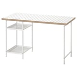 Un bureau LAGKAPTEN blanc moderne avec un plateau à motif en nid d’abeille et des étagères de rangement en métal. Le design est épuré et fonctionnel avec des pieds réglables.