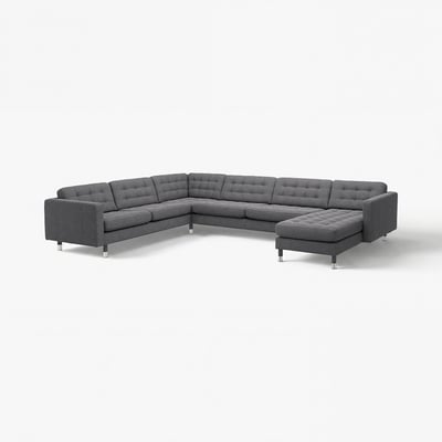 Canapé sectionnel gris moderne en forme de L avec dossier et coussins de siège tuftés, pieds métalliques.