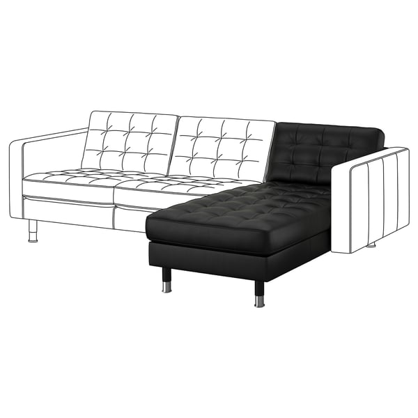 Luxueux canapé en forme de L en cuir noir, avec dossier et assise capitonnés, pieds en métal élégants, esthétique moderne.