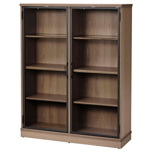 Une armoire en bois LANESUND avec des portes vitrées. Il est brun, rectangulaire et possède plusieurs étagères à l’intérieur.