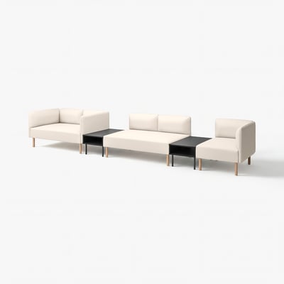 Ensemble de canapé modulaire moderne beige, avec un design élégant avec des pieds en bois et des tables d’appoint noires.