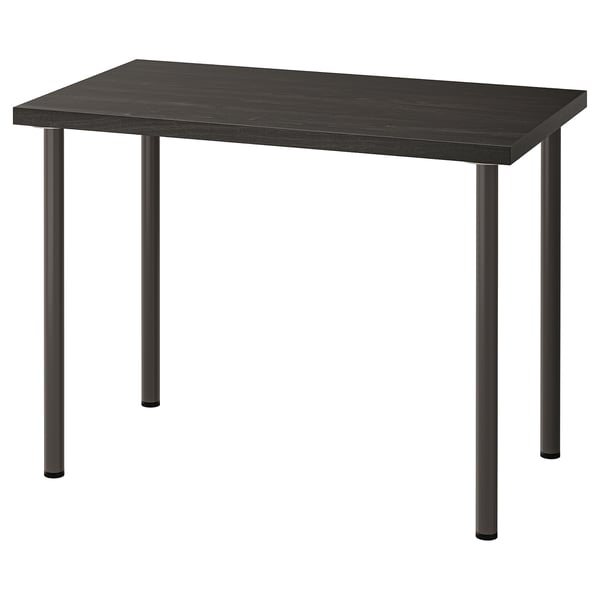 Table rectangulaire noire, LINNMON, quatre pieds minces en métal, plateau en bois avec motif de grain clair.