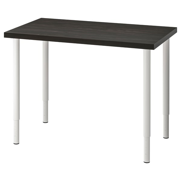 Un bureau LINNMON noir avec des pieds réglables en métal blanc. Il a un design rectangulaire simple et moderne.