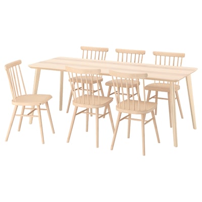 Ensemble LISABO : table en bois clair et six chaises, design minimaliste avec dossiers à fuse, idéal pour la salle à manger.