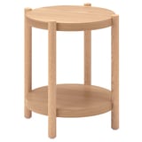 Table d’appoint LISTERBY. Chêne brun clair, haut et bas ronds, quatre pieds, durable et élégant.