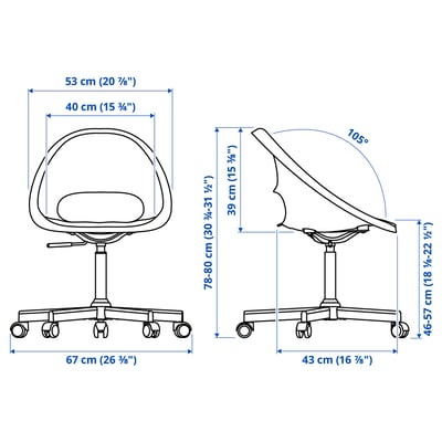 Chaise de bureau blanche LOBERGET avec hauteur réglable, assise en tissu foncé. Design moderne et élégant, cinq roues pour un déplacement facile.