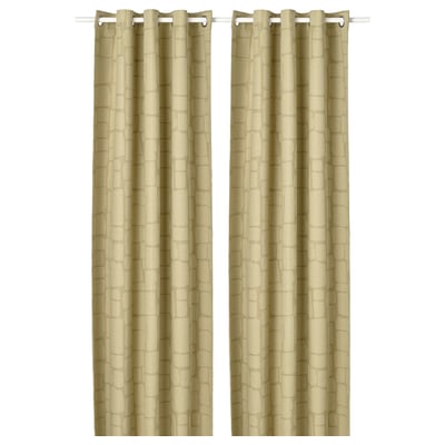 Deux rideaux tissés en jacquard beige avec des motifs verticaux et un dessus à œillets, offrant une fonctionnalité de blocage.