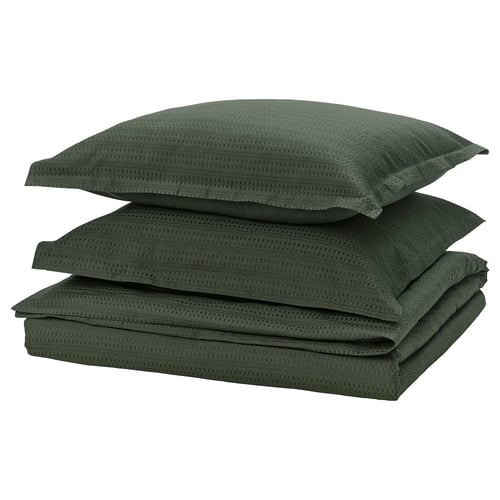 Ensemble couette et coussin vert foncé, coton en trame gaufre, forme carrée, design texturé.