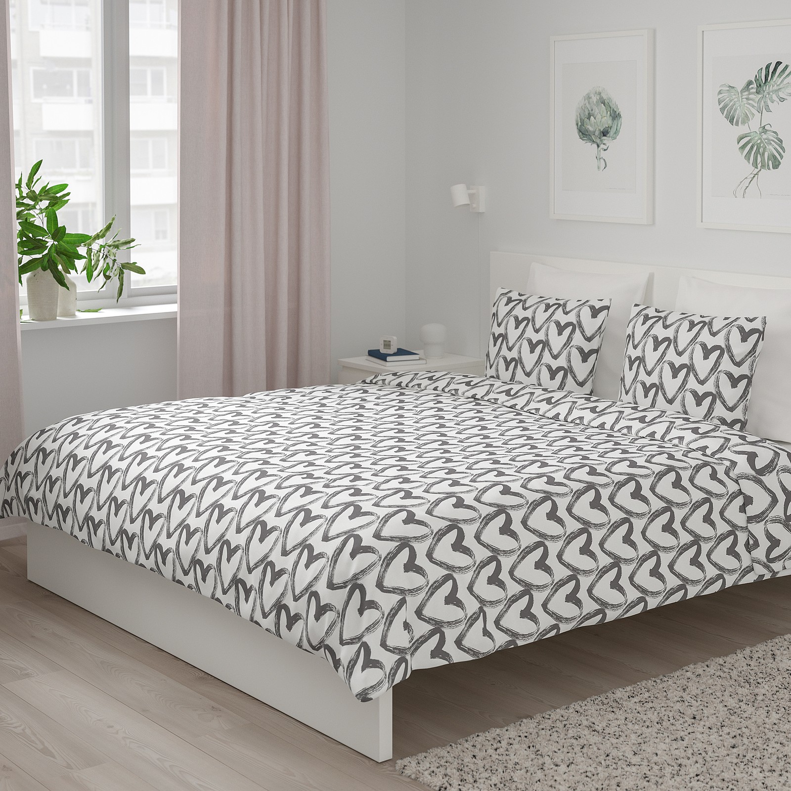 LYKTFIBBLA Housse de couette et 2 taies blanc/gris IKEA