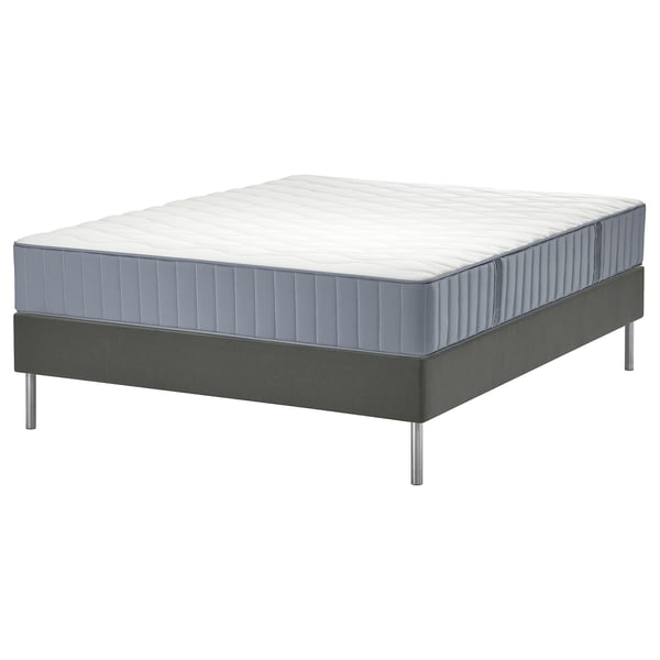 Sommier LYNGÖR gris avec matelas blanc, rectangulaire, design moderne.