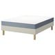Cadre de lit IKEA LYNGÖR et ensemble matelas blanc et bleu, avec des pieds en bois et un matelas blanc aux côtés et coins bleus.