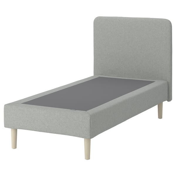 LYNGÖR Sommier tapisser à lattes, pieds et tête de lit inclus/Tibbleby beige/gris, 90x200 cm