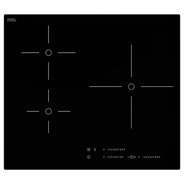 Une table de cuisson à induction plate noire de schott ceran avec quatre brûleurs et des commandes tactiles.