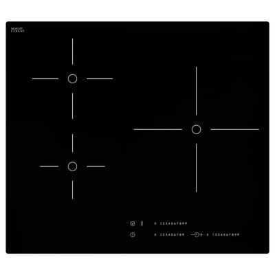Une table de cuisson à induction plate noire de schott ceran avec quatre brûleurs et des commandes tactiles.