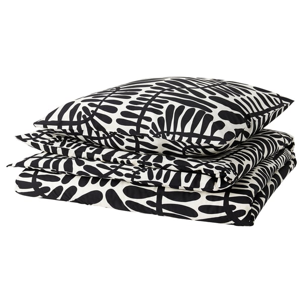 Couette MAJSMOTT à motifs de feuilles noires, mélange coton-viscose, fermeture zippée, taies d’oreiller enveloppe.